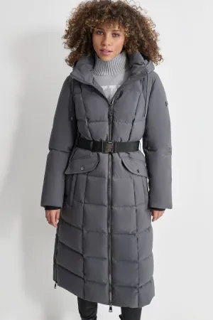 BOX QUILT LONG PUFFER W/ BELT