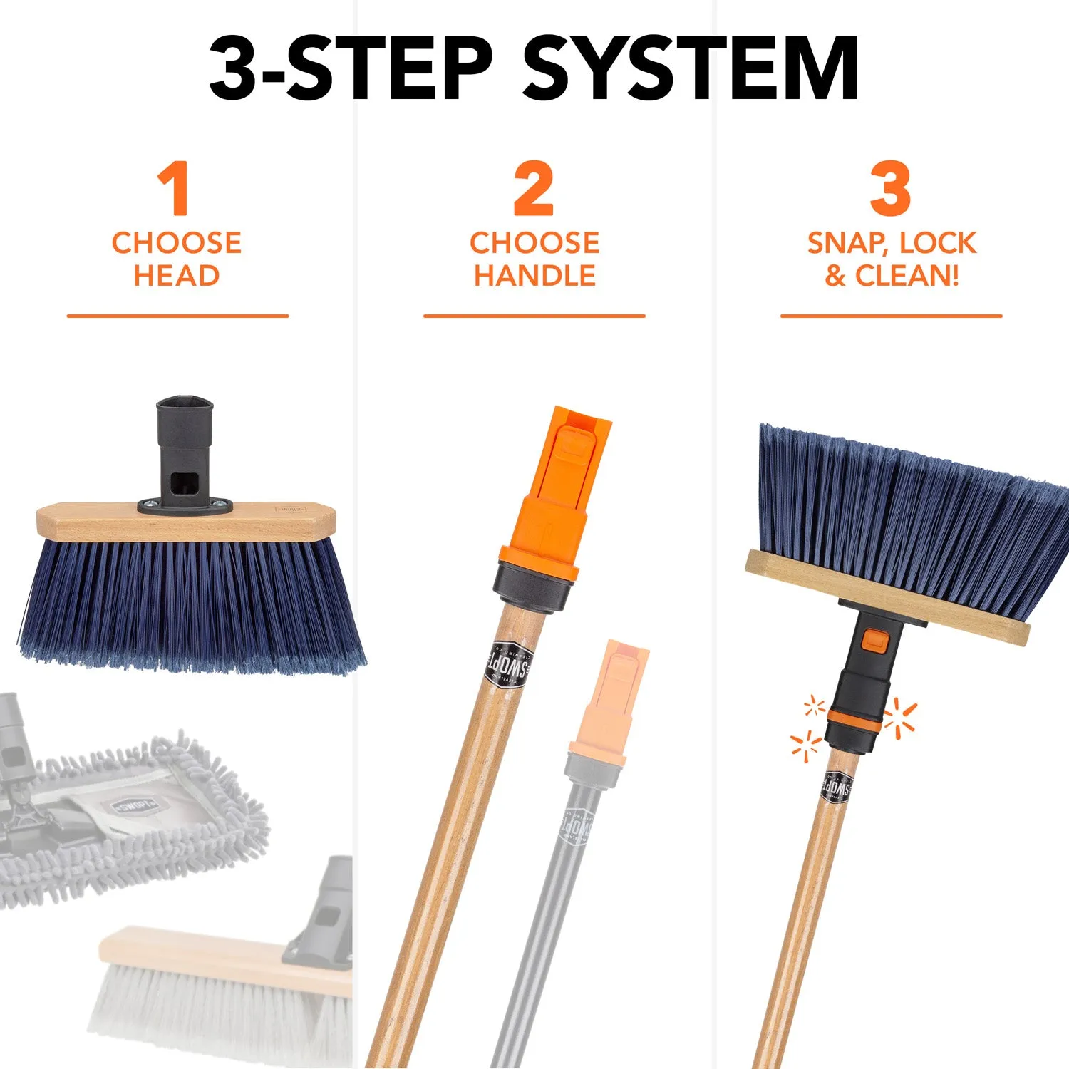 Deck Brush Head and Multi-Surface Push Broom Head Bundle with Handle