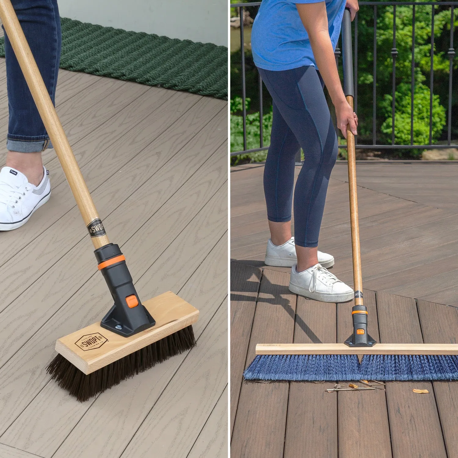 Deck Brush Head and Multi-Surface Push Broom Head Bundle with Handle