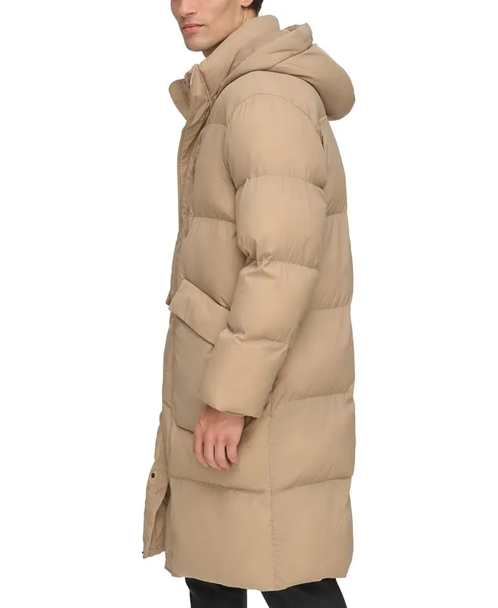 DKNY men's quilted duffle parka with hood, tan/beige