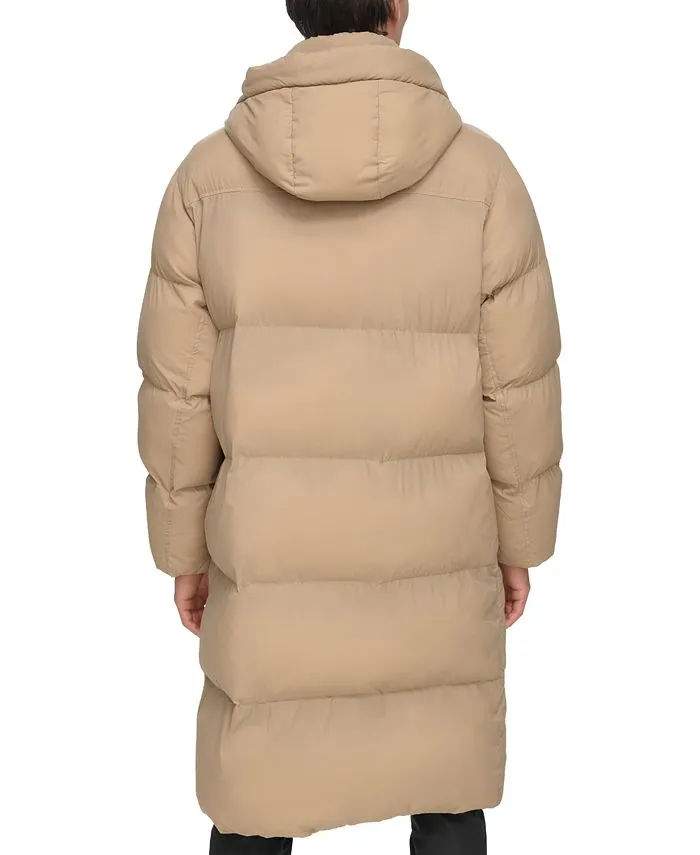 DKNY men's quilted duffle parka with hood, tan/beige