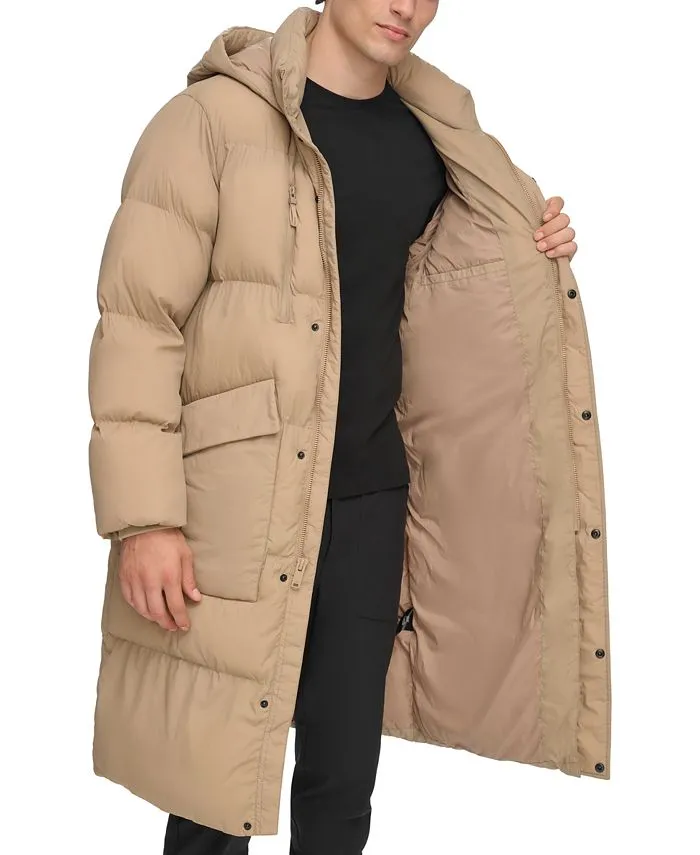 DKNY men's quilted duffle parka with hood, tan/beige