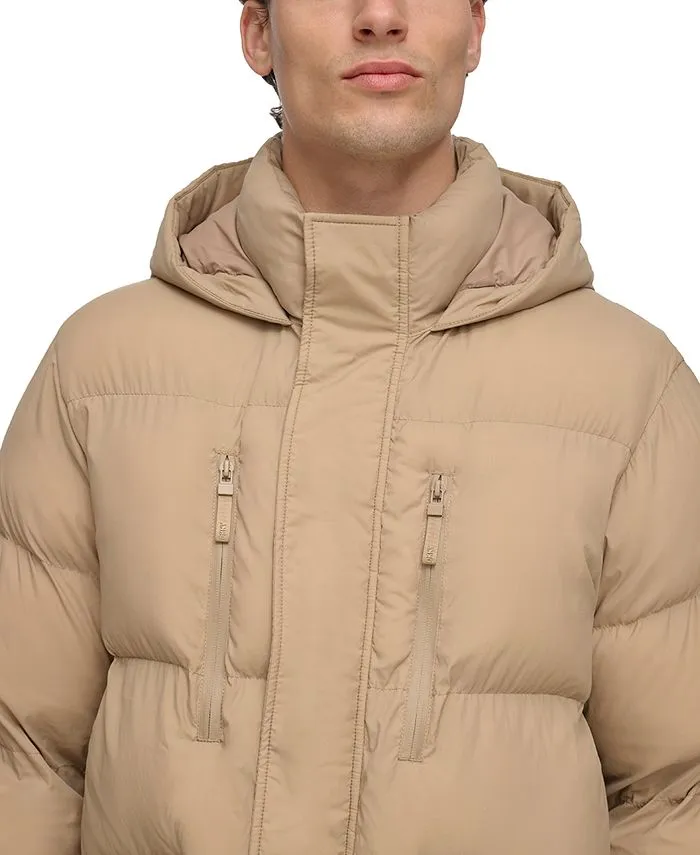 DKNY men's quilted duffle parka with hood, tan/beige