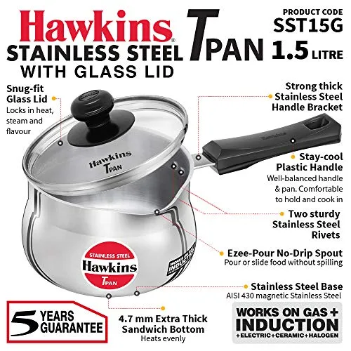 Hawkins Stainless Steel Tpan 1.5L with Glass lid