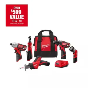 M12 12V Lithium-Ion Cordless Combo Kit (5-Tool) with Two 1.5 Ah Batteries, Charger and Tool Bag