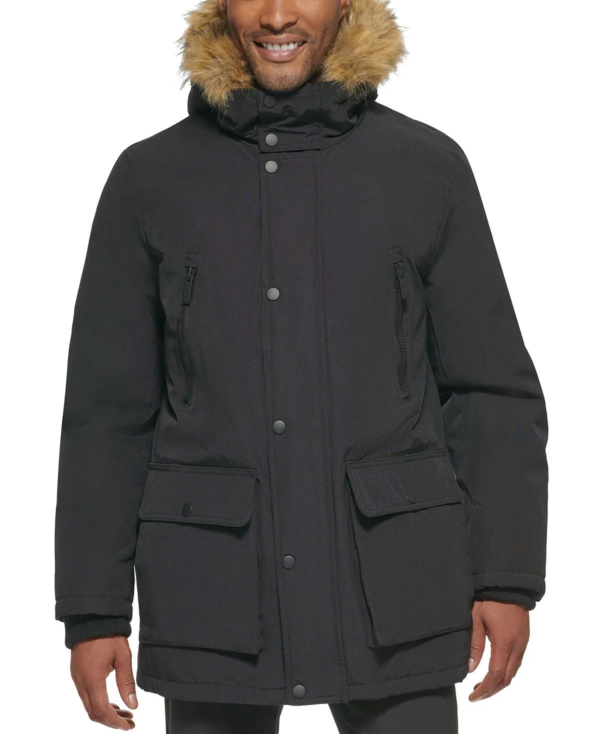 Men's parka with faux fur jacket on the hood created for Macy's Club Room, black