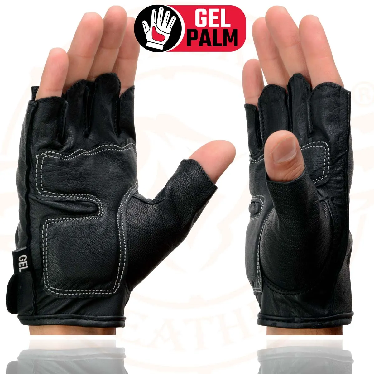 Milwaukee Leather SH198 Men's Black Leather Gel Padded Palm Fingerless Motorcycle Hand Gloves W/ ‘Grey Flame Embroidered’