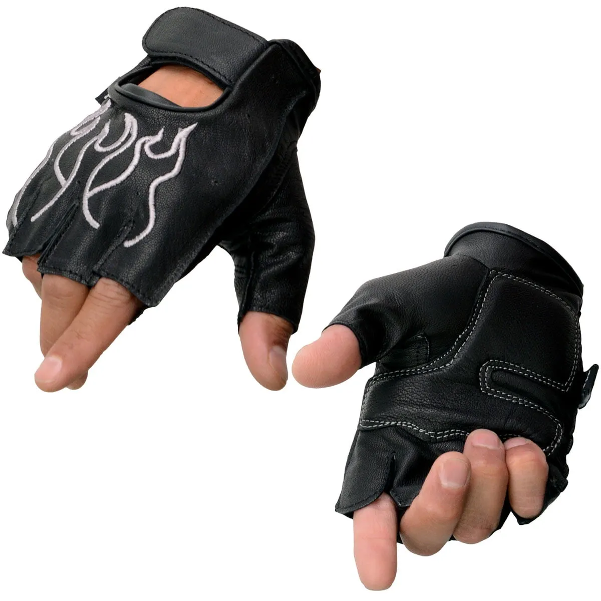 Milwaukee Leather SH198 Men's Black Leather Gel Padded Palm Fingerless Motorcycle Hand Gloves W/ ‘Grey Flame Embroidered’