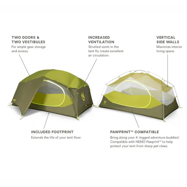 Nemo Aurora 2P: 2 Person Hiking / Backpacking Tent with Footprint (Nova Green Colour)