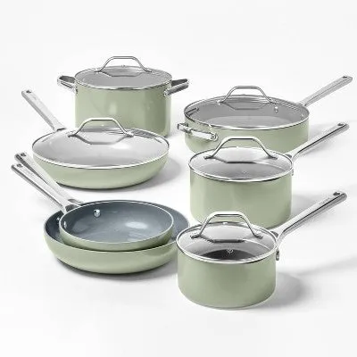 Open Box - 8qt Nonstick Ceramic Coated Aluminum Wide Stock Pot Sage Green - Figmint