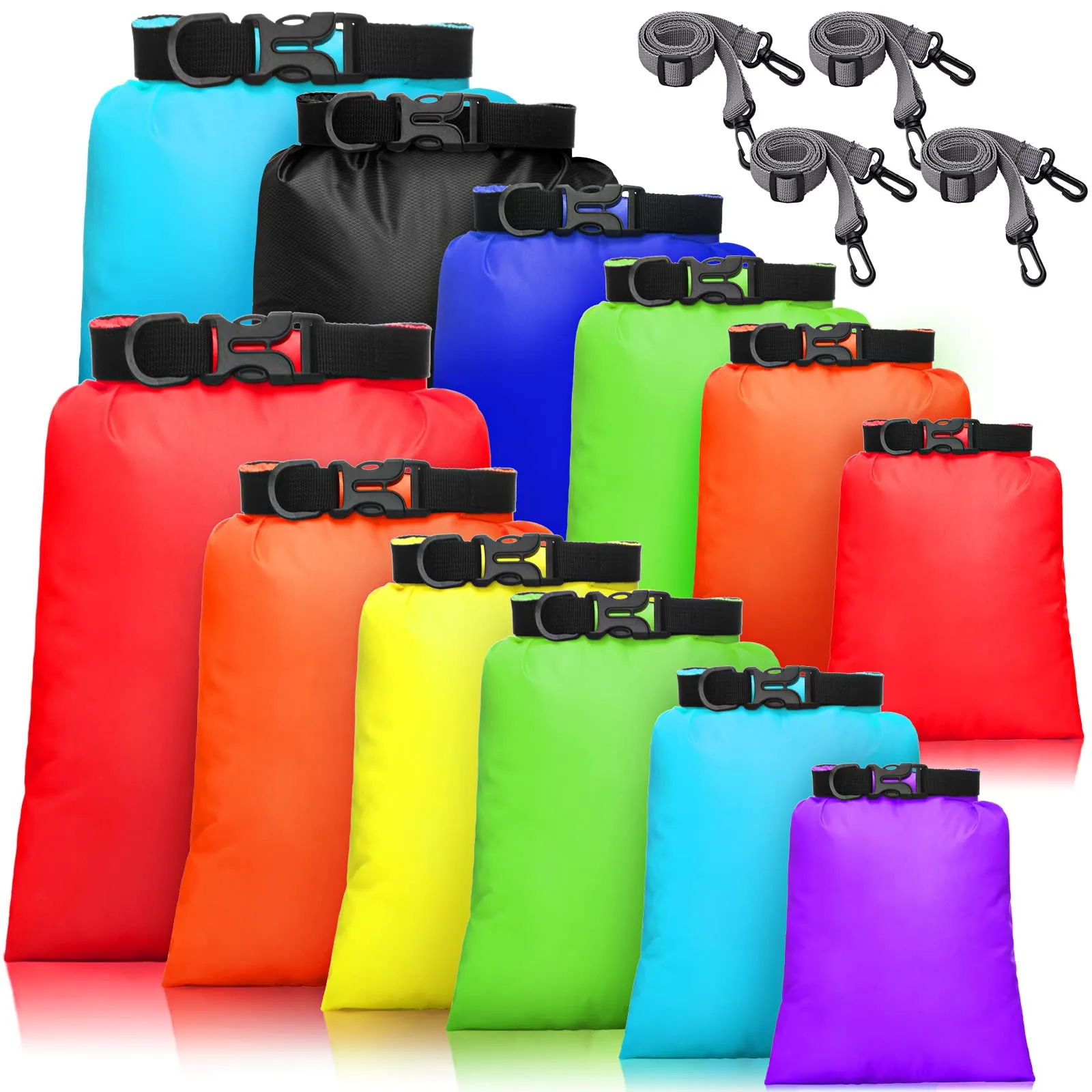 Shappy Waterproof Dry Bag Set 15 L  8 L  5 L 4 L 3 2 Lightweight Sacks and Long Adjustable Shoulder Strap for Kayaking, Rafting, Boating, Hiking, Camping (Bright Colors,12 Pcs)