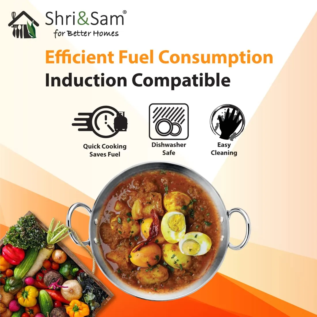 Shri & Sam Stainless Steel 1.1 Litre Triply Deep Pro Light Weight Hammered Kadhai, 18 cm, 702 Grams