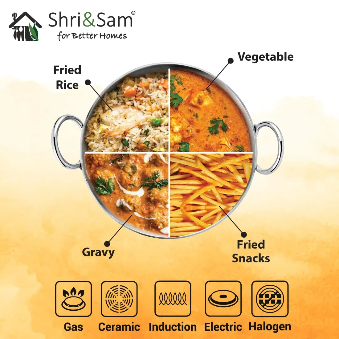 Shri & Sam Stainless Steel 1.1 Litre Triply Deep Pro Light Weight Hammered Kadhai, 18 cm, 702 Grams