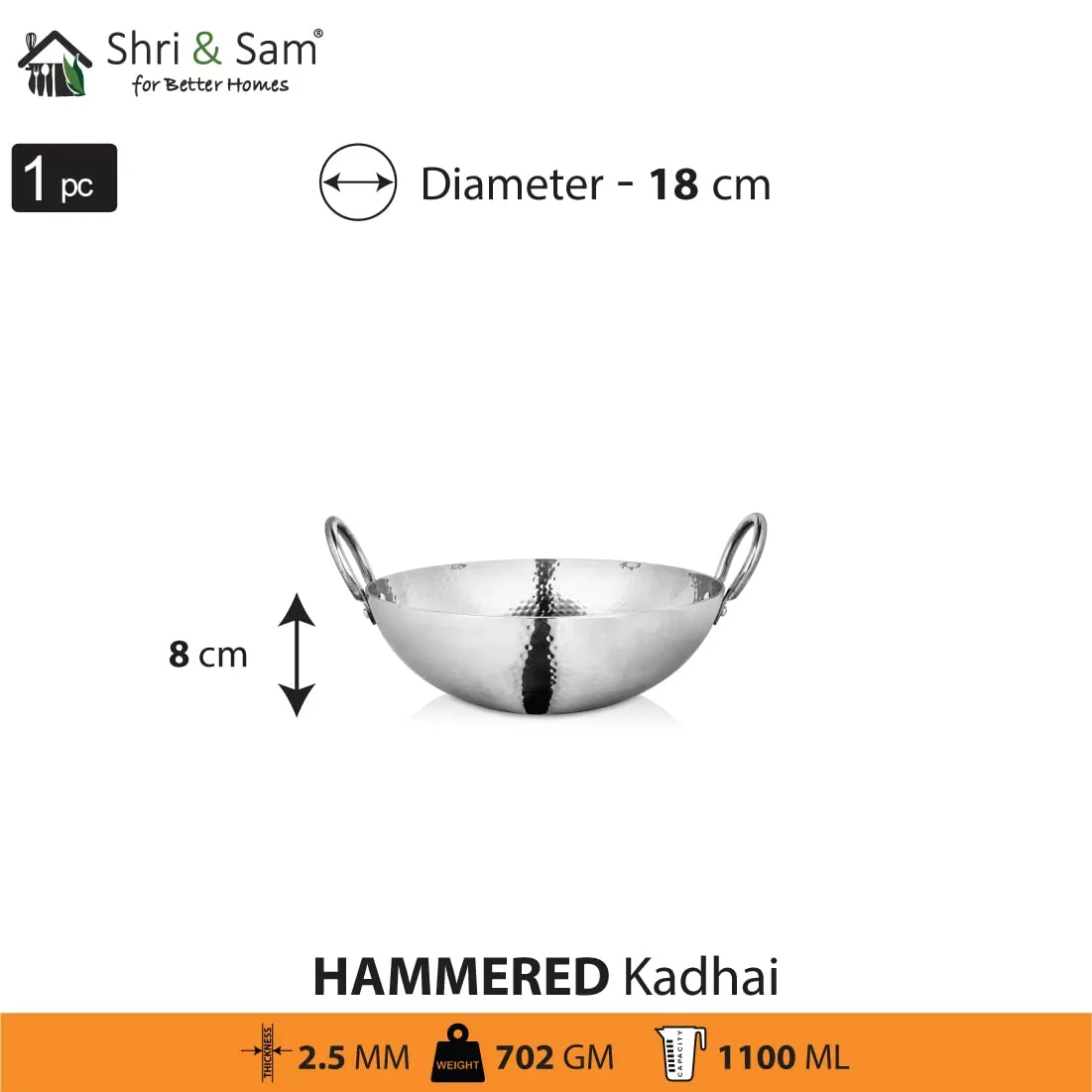 Shri & Sam Stainless Steel 1.1 Litre Triply Deep Pro Light Weight Hammered Kadhai, 18 cm, 702 Grams