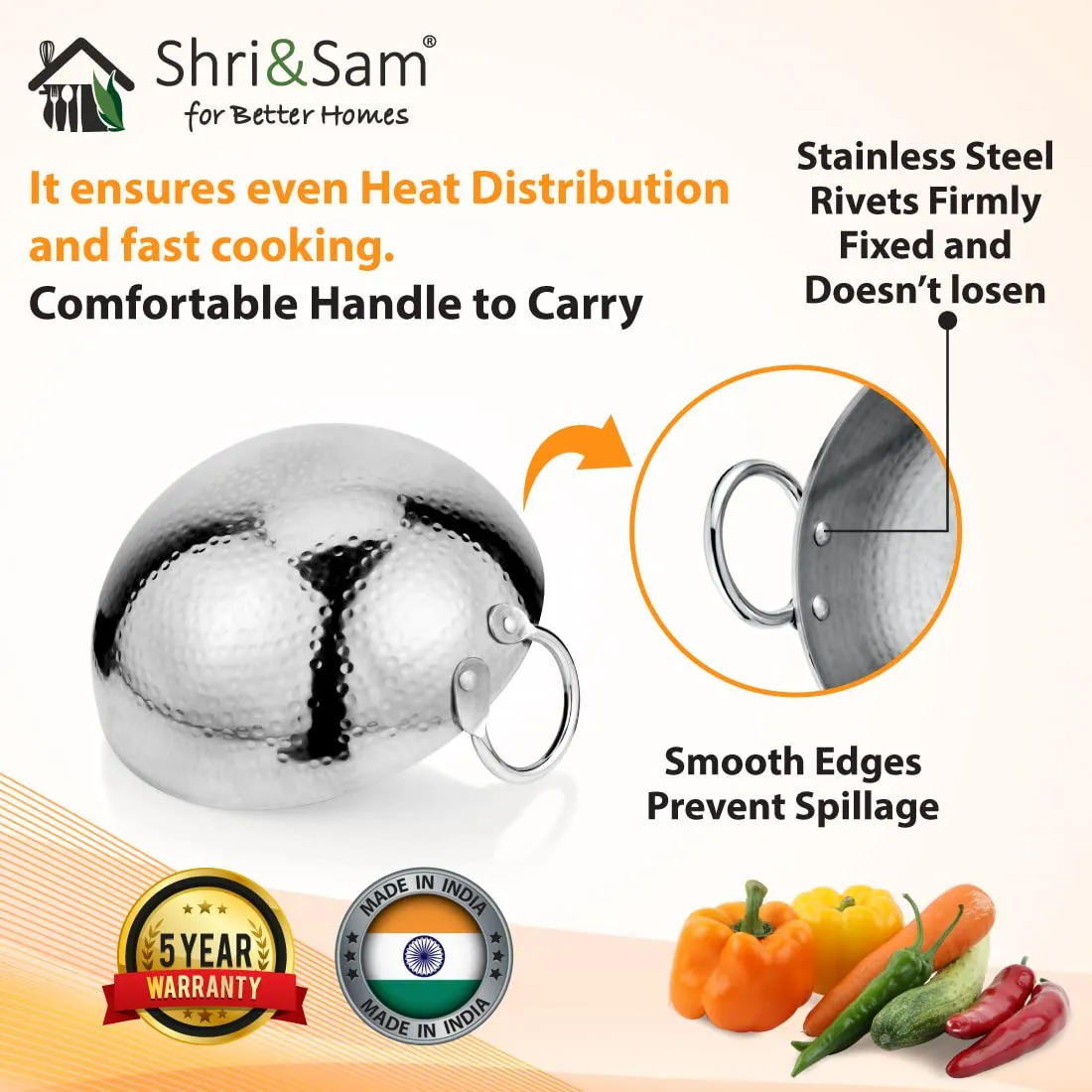 Shri & Sam Stainless Steel 1.1 Litre Triply Deep Pro Light Weight Hammered Kadhai, 18 cm, 702 Grams