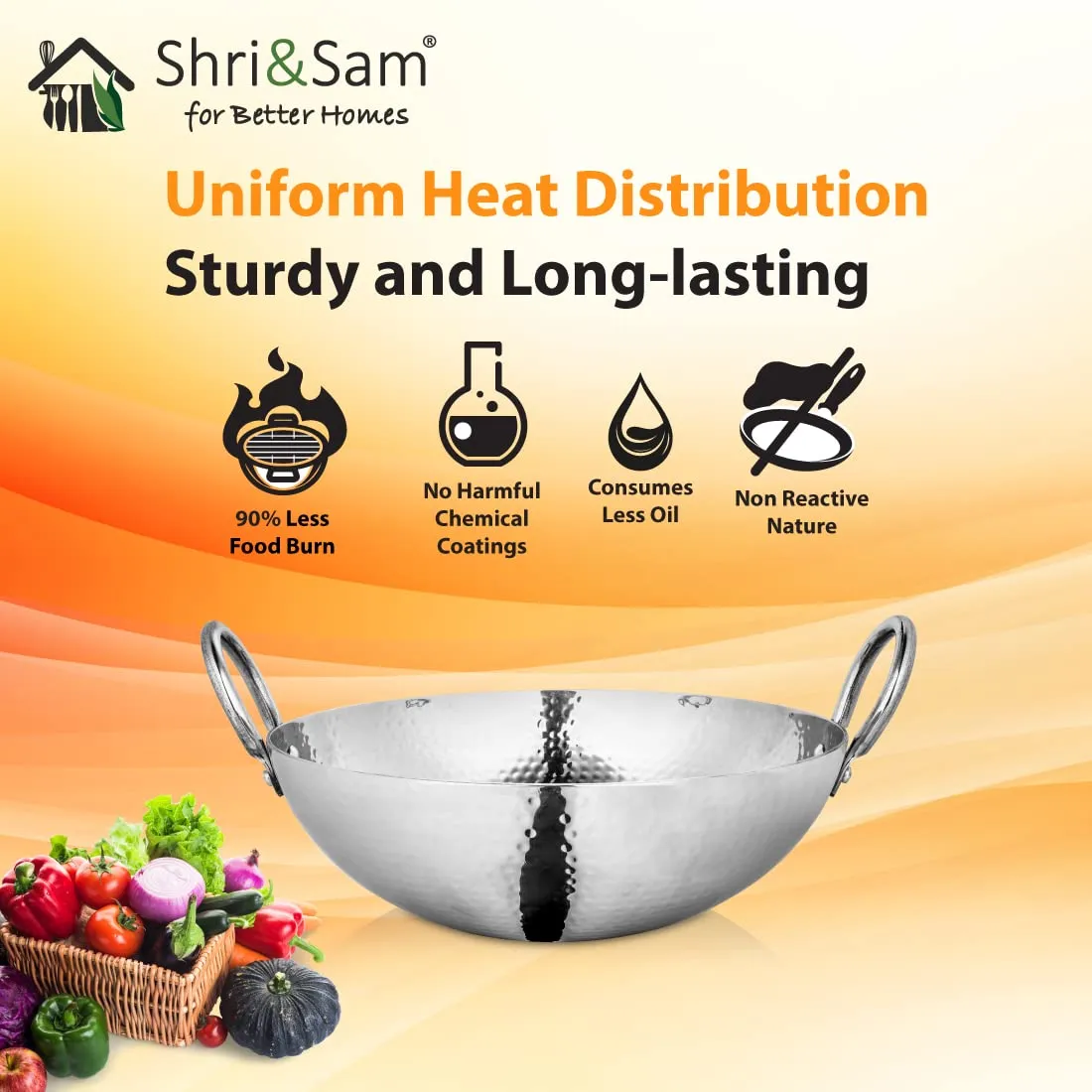 Shri & Sam Stainless Steel 1.1 Litre Triply Deep Pro Light Weight Hammered Kadhai, 18 cm, 702 Grams